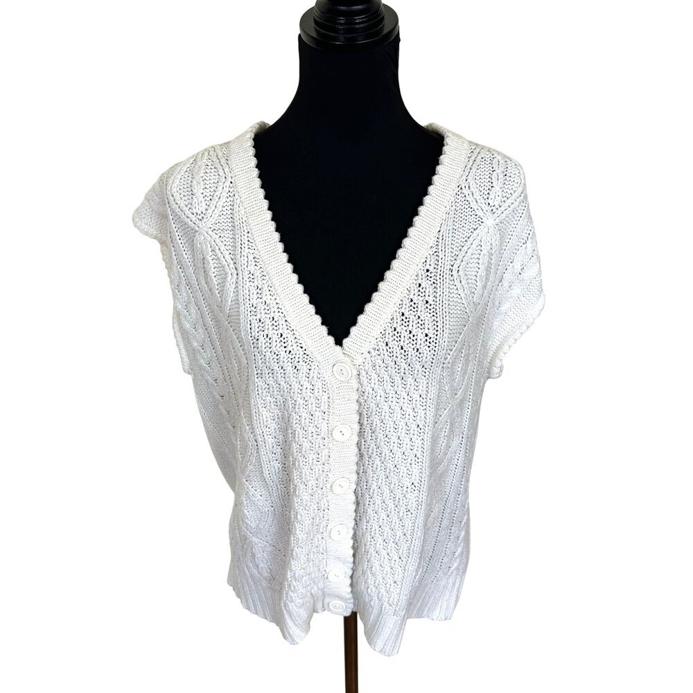 Vtg White Sweater Vest Button Up Sleeveless Pykettes 90s Cable Knit Layering